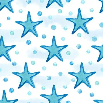 Watercolor blue seamless pattern with starfish on white. Stock Illustration