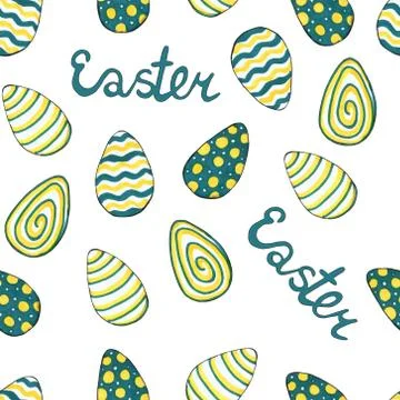 Watercolor blue yellow Easter egg closeup isolated on a white background. Hand Stock Illustration