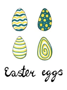 Watercolor blue yellow Easter egg closeup isolated on a white background. Hand Stock Illustration