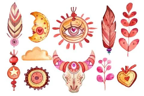 Watercolor boho elements collection Illustrazione stock