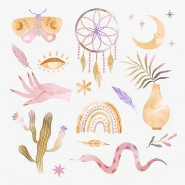 Watercolor boho elements collection Illustrazione stock