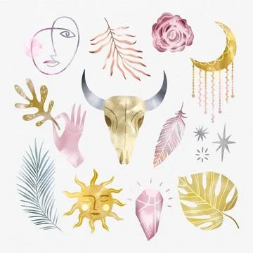 Watercolor boho elements collection Illustrazione stock