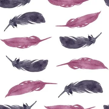 Watercolor boho feathers seamless pattern digital paper gray burgundy red on Illustrazione stock