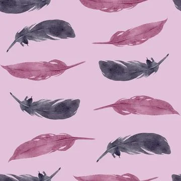 Watercolor boho feathers seamless pattern digital paper mauve lilac background Ilustración de archivo