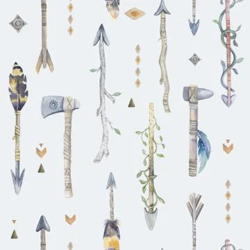 Watercolor boho seamless pattern with arrows.  Decoration native Stock Illustration