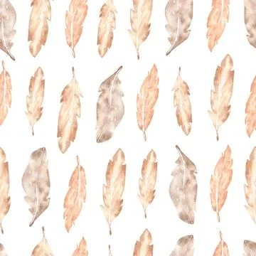 Watercolor boho seamless pattern with feathers. watercolour sandy color art.. Stock Illustration