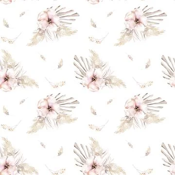 Watercolor boho seamless pattern with hand painted tropical dried palm leaves Stock Illustration