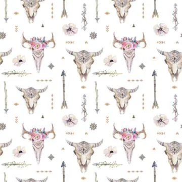 Watercolor boho seamless pattern with teepee, arrows, feathers Illustrazione stock