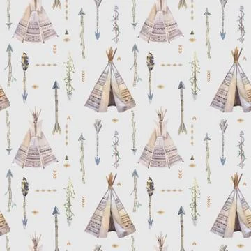 Watercolor boho seamless pattern with teepee, arrows, feathers Stock Illustration