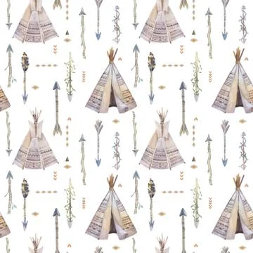Watercolor boho seamless pattern with teepee, arrows, feathers Illustrazione stock