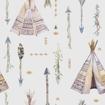 Watercolor boho seamless pattern with teepee, arrows, feathers Stock Illustration