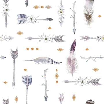 Watercolor boho seamless pattern with teepee, arrows and feather Stock Illustration