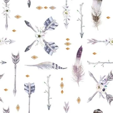 Watercolor boho seamless pattern with teepee, arrows and feather Stock Illustration