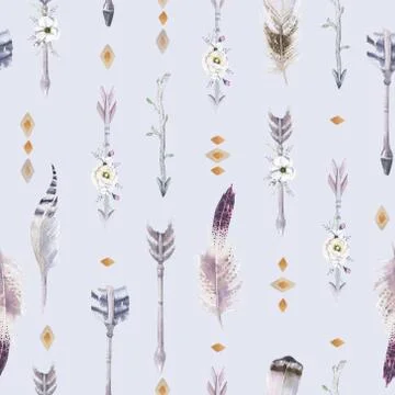 Watercolor boho seamless pattern with teepee, arrows and feather Stock Illustration
