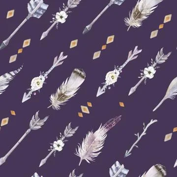 Watercolor boho seamless pattern with teepee, arrows and feather Stock Illustration