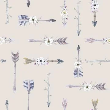 Watercolor boho seamless pattern with teepee, arrows and feather Stock Illustration