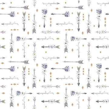 Watercolor boho seamless pattern with teepee, arrows and feather Stock Illustration