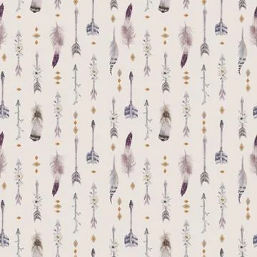 Watercolor boho seamless pattern with teepee, arrows and feather Illustrazione stock