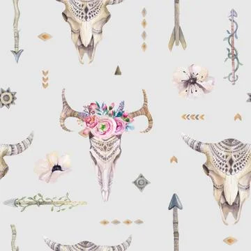 Watercolor boho seamless pattern with teepee, arrows, feathers Stock Illustration