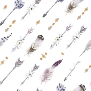 Watercolor boho seamless pattern with teepee, arrows and feather Stock Illustration