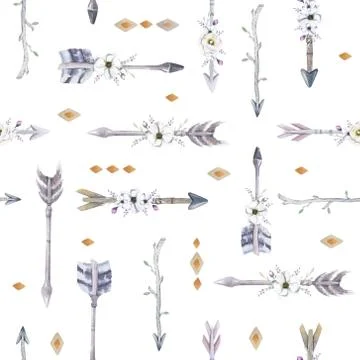 Watercolor boho seamless pattern with teepee, arrows and feather Stock Illustration