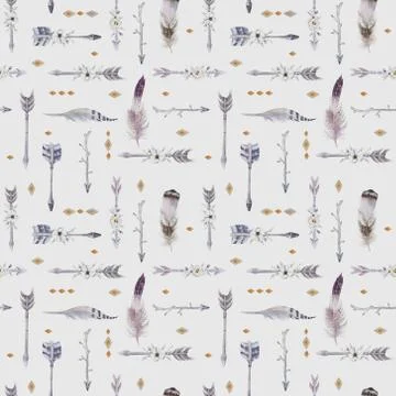 Watercolor boho seamless pattern with teepee, arrows and feather Stock Illustration
