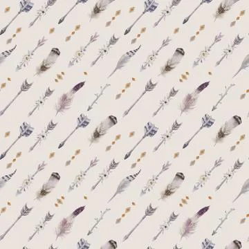Watercolor boho seamless pattern with teepee, arrows and feather Illustrazione stock