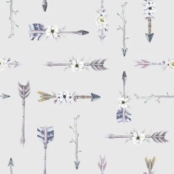 Watercolor boho seamless pattern with teepee, arrows and feather 스톡 일러스트
