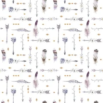 Watercolor boho seamless pattern with teepee, arrows and feather Stock Illustration