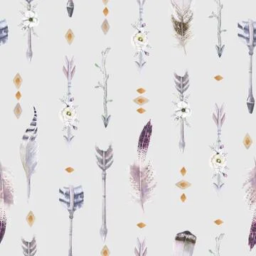 Watercolor boho seamless pattern with teepee, arrows and feather Stock Illustration