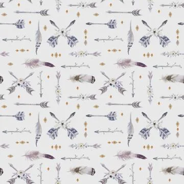 Watercolor boho seamless pattern with teepee, arrows and feather Stock Illustration