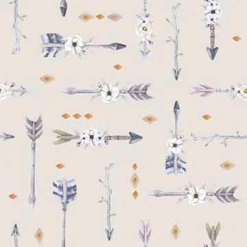 Watercolor boho seamless pattern with teepee, arrows and feather Stock Illustration