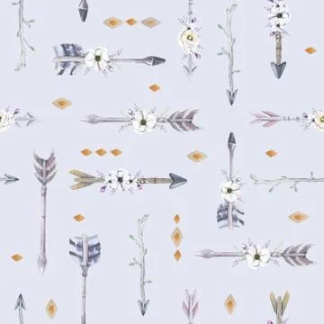 Watercolor boho seamless pattern with teepee, arrows and feather Stock Illustration
