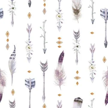 Watercolor boho seamless pattern with teepee, arrows and feather Stock Illustration