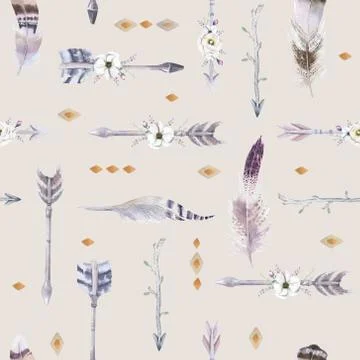 Watercolor boho seamless pattern with teepee, arrows and feather Stock Illustration