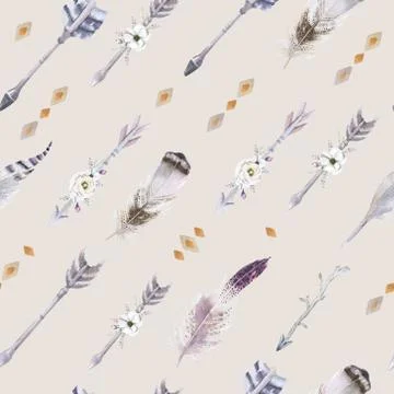 Watercolor boho seamless pattern with teepee, arrows and feather Stock Illustration