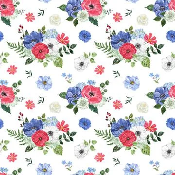 Watercolor botanical seamless pattern with red, white, blue flowers. Stock Illustration