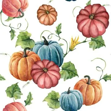 Watercolor bright pumpkin seamless pattern. Hand painted pumpkin ornament with Stock Illustration