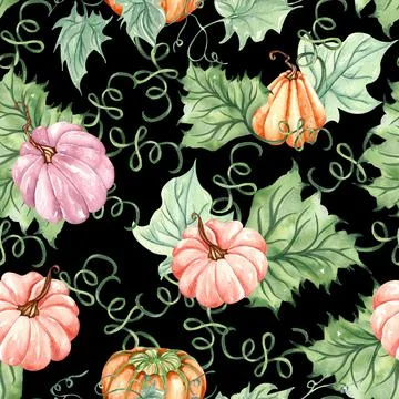 Watercolor bright pumpkin seamless pattern. Hand painted pumpkin ornament wit Stock Illustration