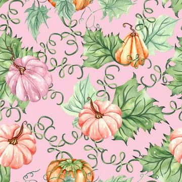 Watercolor bright pumpkin seamless pattern. Hand painted pumpkin ornament wit Stock Illustration