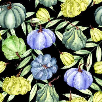Watercolor bright pumpkin seamless pattern. Hand painted pumpkin ornament wit Stock Illustration