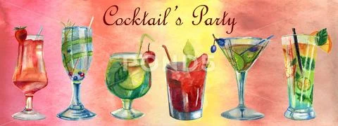 Watercolor bright summer illustration. Set of cocktails Stock Illustration