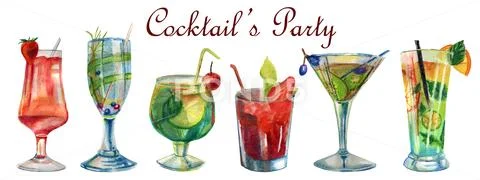 Watercolor bright summer illustration. Set of cocktails Stock Illustration