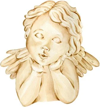 Watercolor brown angel head with wings behind. Hand-drawn illustration Stock Illustration