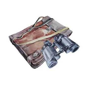 Watercolor brown retro folder for documents, papers and binoculars isolated on Stock Illustration