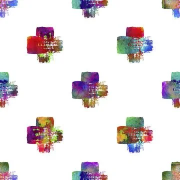 Watercolor Brush Cross Seamless Pattern Grange Geometric Design in Rainbow Color Stock Illustration