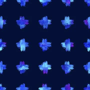 Watercolor Brush Cross Seamless Pattern Grange Geometric Design in Blue Color Stock Illustration