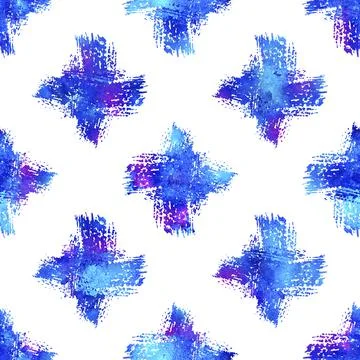 Watercolor Brush Cross Seamless Pattern Grange Geometric Design in Blue Color Stock Illustration