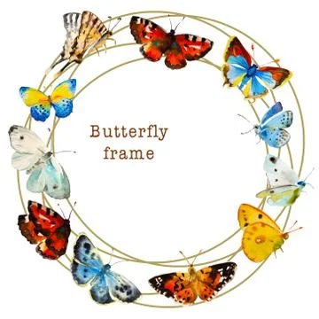 Watercolor butterfly round frame from different tipe of butterflies, with pla Illustrazione stock