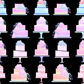 Watercolor Cake Pattern Design on Black Background Stock Illustration